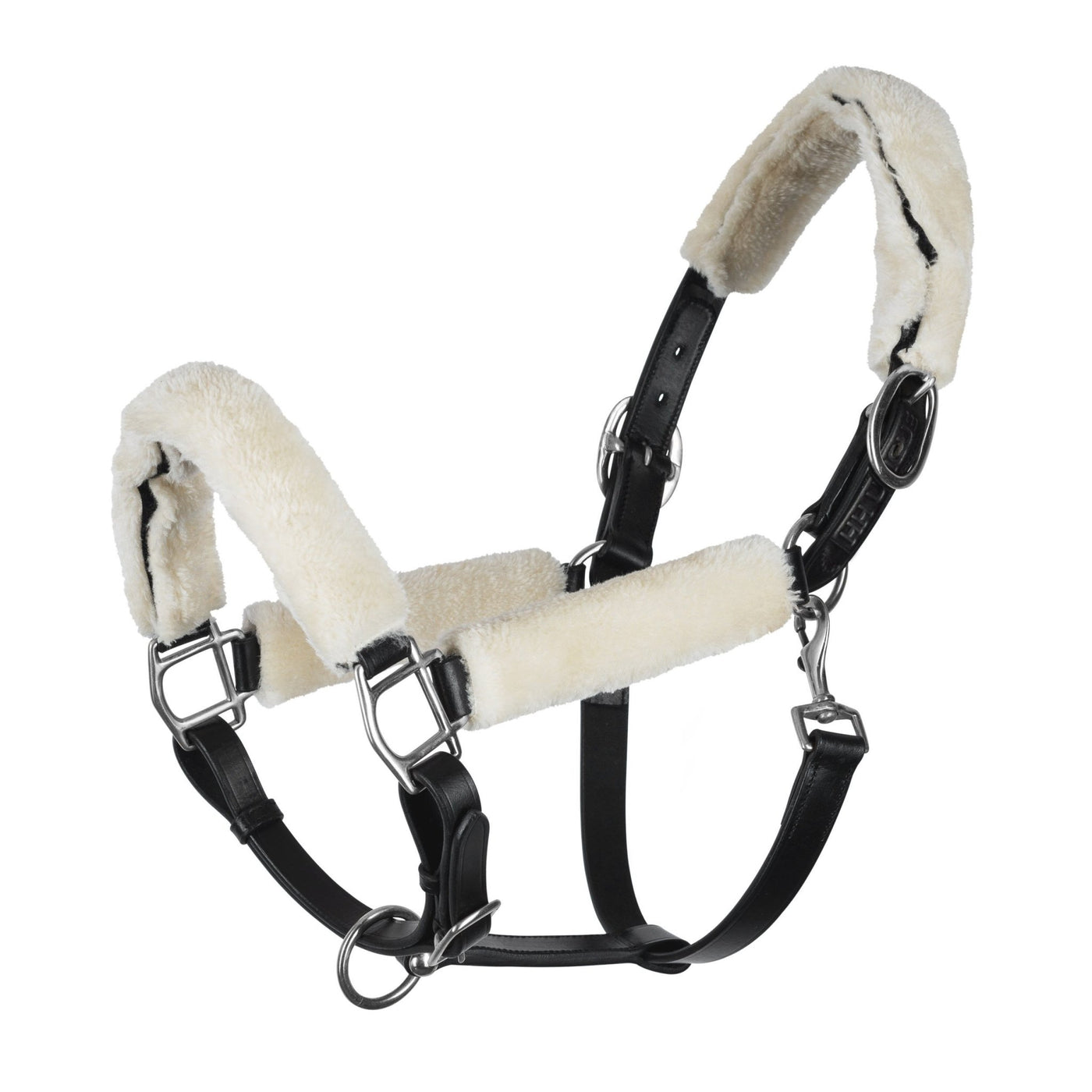 Luxury Real Leather Halter complete with detachable cream wool artificial sheepskin protection tabs. Helping to prevent chafing and irritation during travel with the sheepskin fibres also wicking moisture and providing a cushioning for ultimate comfort to your horse. Luxury soft leather Head Collar. Chic HH Unique Leather Stamped Branding; finished with quality stainless steel hardware. Ideal for sensitive ponies and horses
