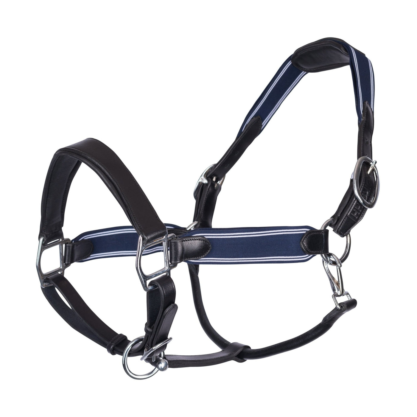 Luxury Real Leather Stressless Anatomic Relief Halter complete with Navy relief elastic panelling. Chic HH Unique Leather Stamped Branding. Ideal for sensitive ponies and horses - Horzehoods