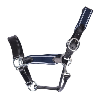 Luxury Real Leather Stressless Anatomic Relief Halter complete with Navy relief elastic panelling.  Chic HH Unique Leather Stamped Branding.   Ideal for sensitive ponies and horses - Horzehoods