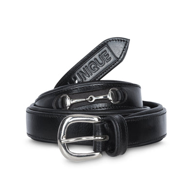 Black Ladies Snaffle Belt. Complete with silver snaffle decoration and HH Unique Leather Stamped emblem within the leather grain for a chic finish. - Horzehoods