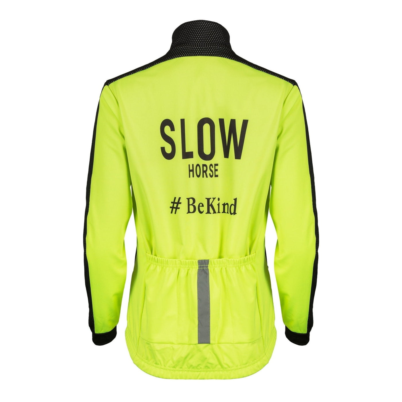 Hi Vis Safety Jacket - Micro fleece lined for warmth but breathability. Mesh Black over laser cut panelling design. Reflective print. #BeKind Traffic slogan, 3 deep elasticated back pockets and a wide comfort hybrid neck. Reflective strips down both sides of the zip for extra safety and night reflection. We have also made the neck fasten wider so it doesn’t run your chin when riding - Horzehoods