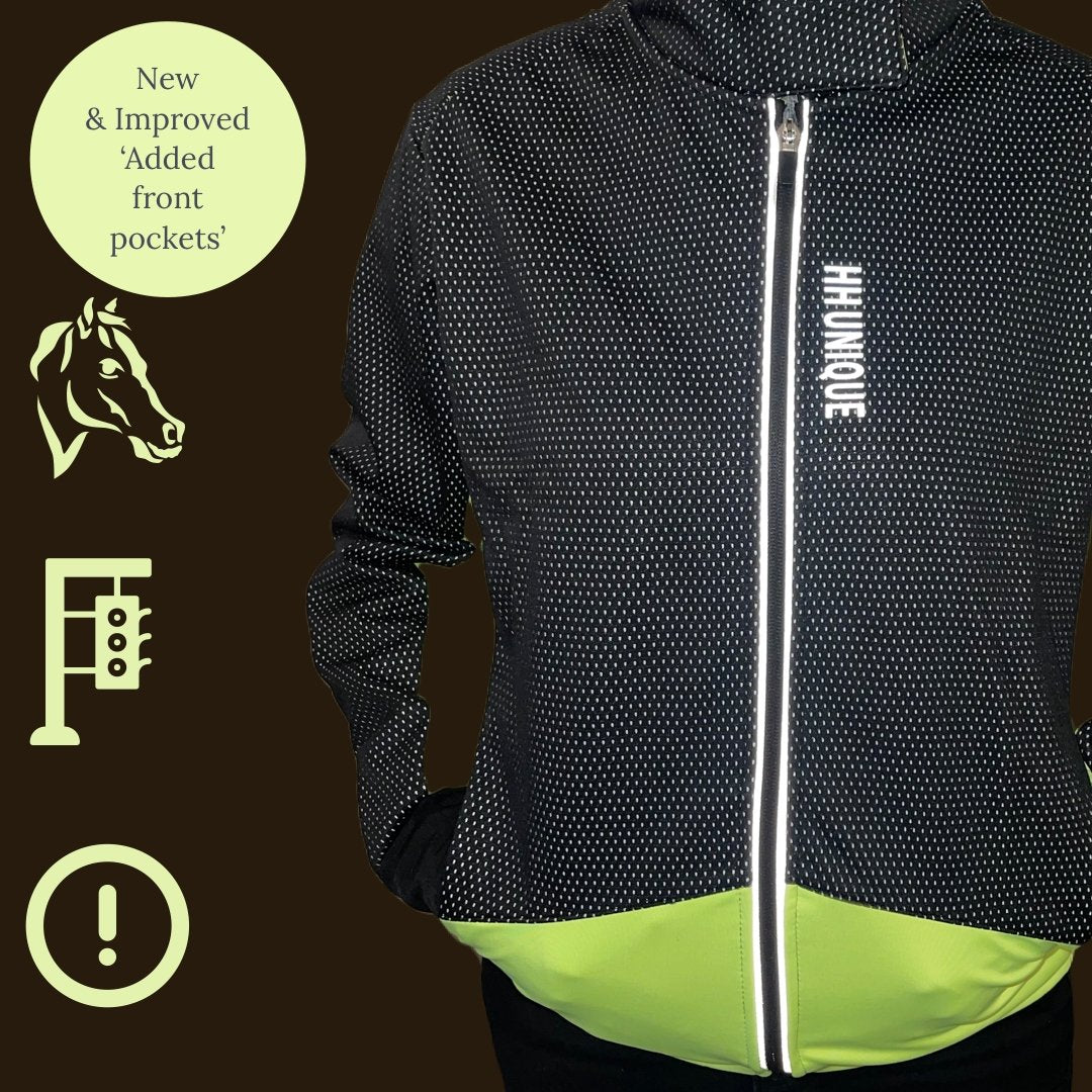 Hi Vis Safety Jacket - Micro fleece lined for warmth but breathability. Mesh Black over laser cut panelling design. Reflective print. #BeKind Traffic slogan, 3 deep elasticated back pockets and a wide comfort hybrid neck. Reflective strips down both sides of the zip for extra safety and night reflection. We have also made the neck fasten wider so it doesn’t run your chin when riding - Horzehoods